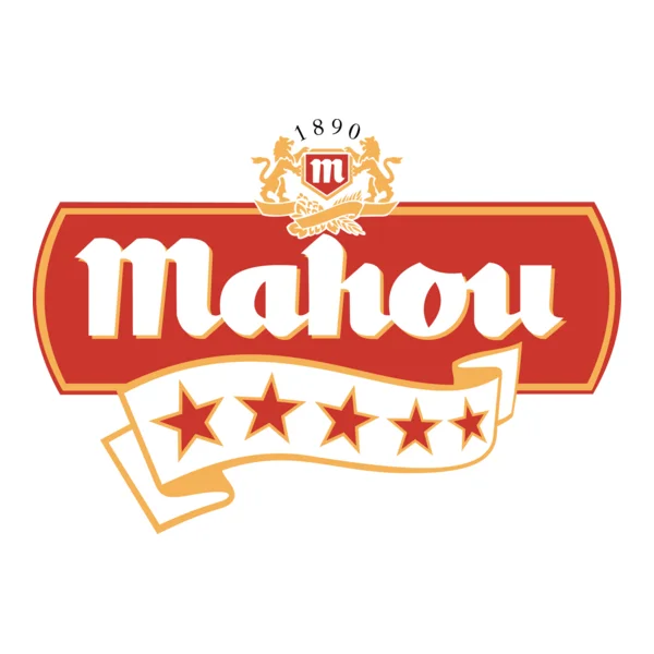 Mahou logo, representing a historic Spanish brewery founded in Madrid in 1890, known for its quality non-alcoholic beers and brewing tradition.
