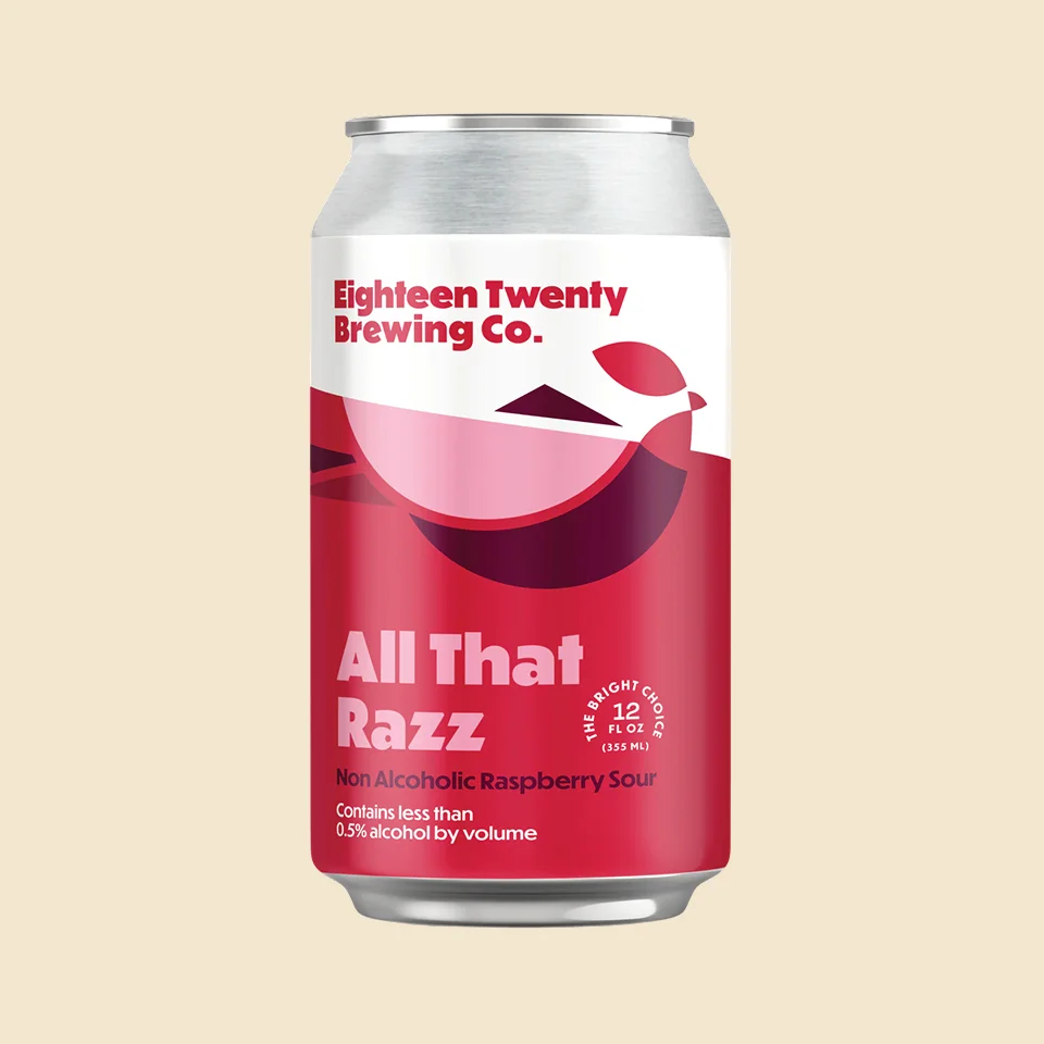 Image of 1820 Brewing's All That Razz, a non-alcoholic raspberry sour beer against a plain background.
