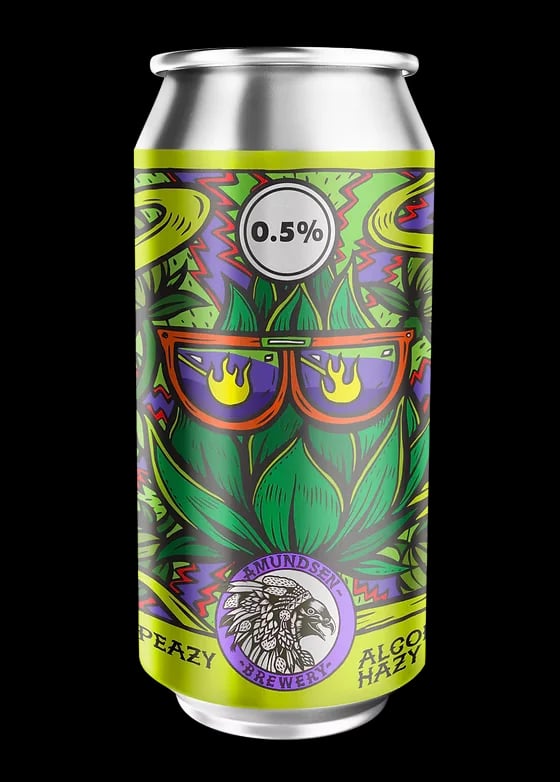 Amundsen Bryggeri Eazy Peazy non-alcoholic IPA with bright citrus and tropical fruit flavors on plain background