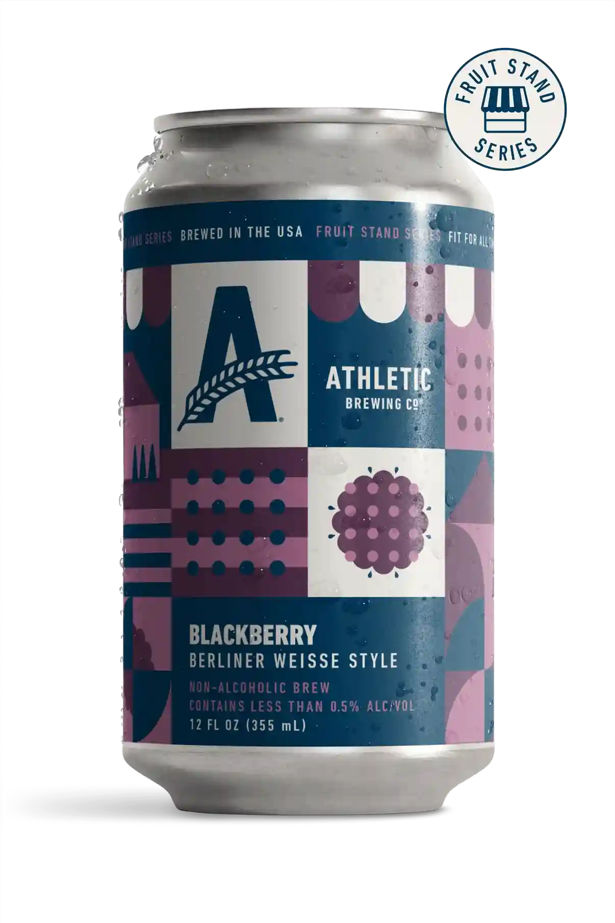Athletic Brewing Blackberry Berliner Weisse non-alcoholic sour beer with tart blackberry flavor and smooth wheat base against a plain background