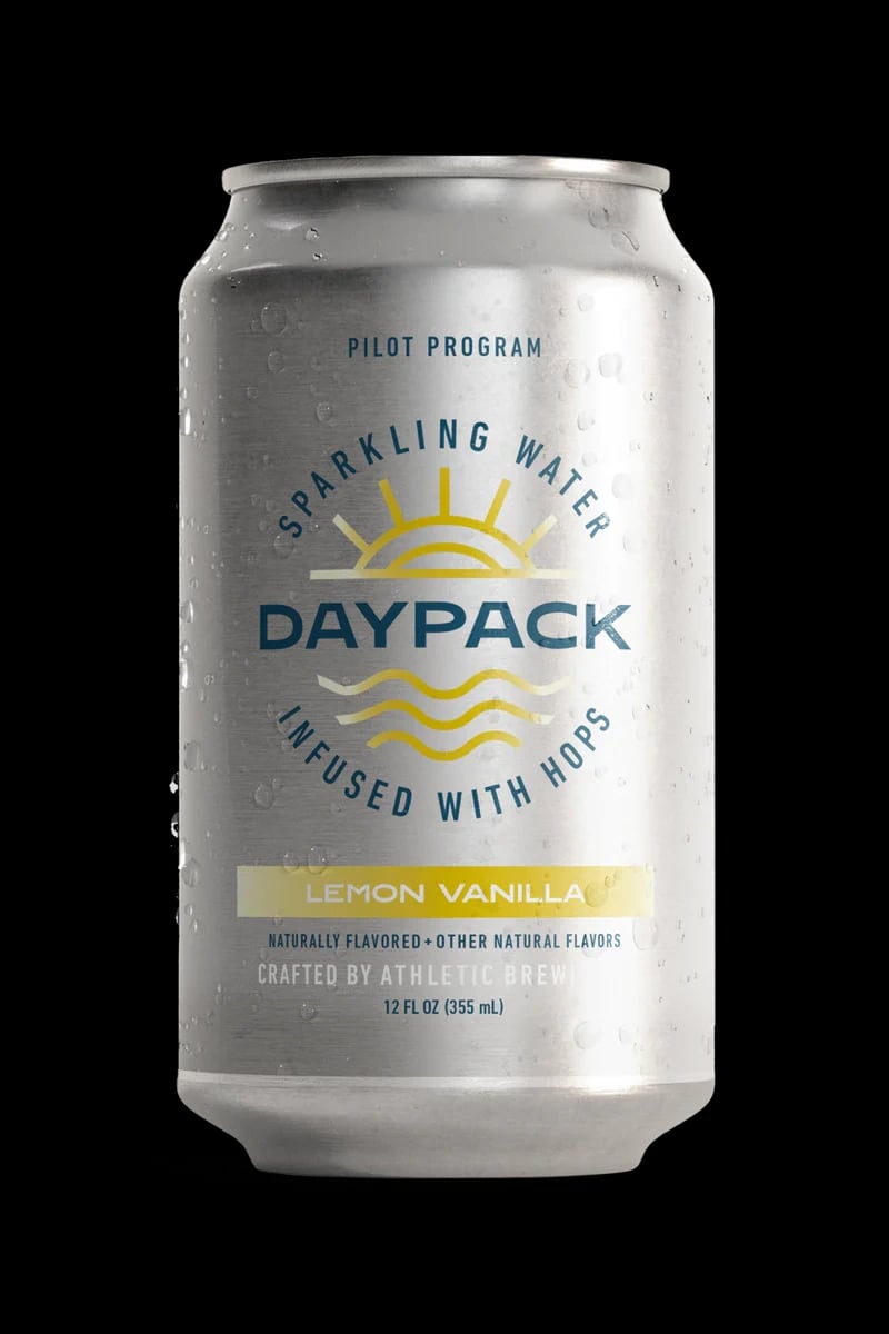 Daypack Lemon Vanilla by Athletic Brewing Company featuring hop-infused sparkling water with lemon and vanilla flavor, alcohol-free and low calorie