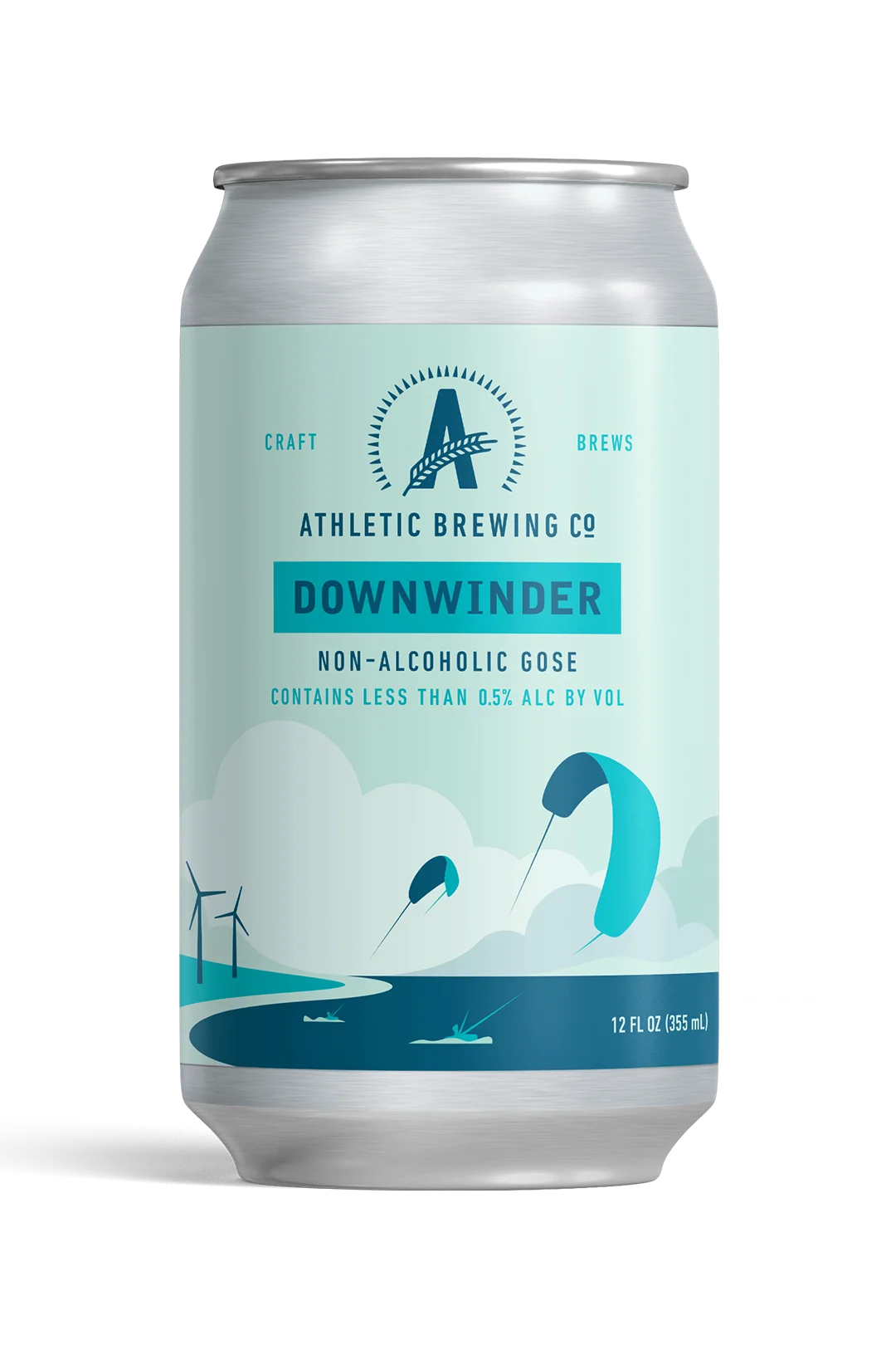 Athletic Brewing Downwinder Gose non-alcoholic gose-style beer showcasing tart finish with coriander and lime leaf notes against a plain background
