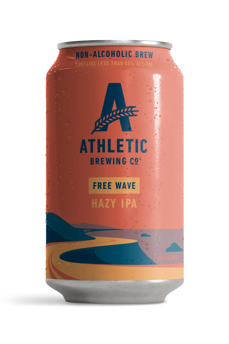 Athletic Brewing Free Wave Hazy IPA featuring a vibrant aromatic profile of tangerine, grapefruit, pine, and floral notes in a non-alcoholic beer