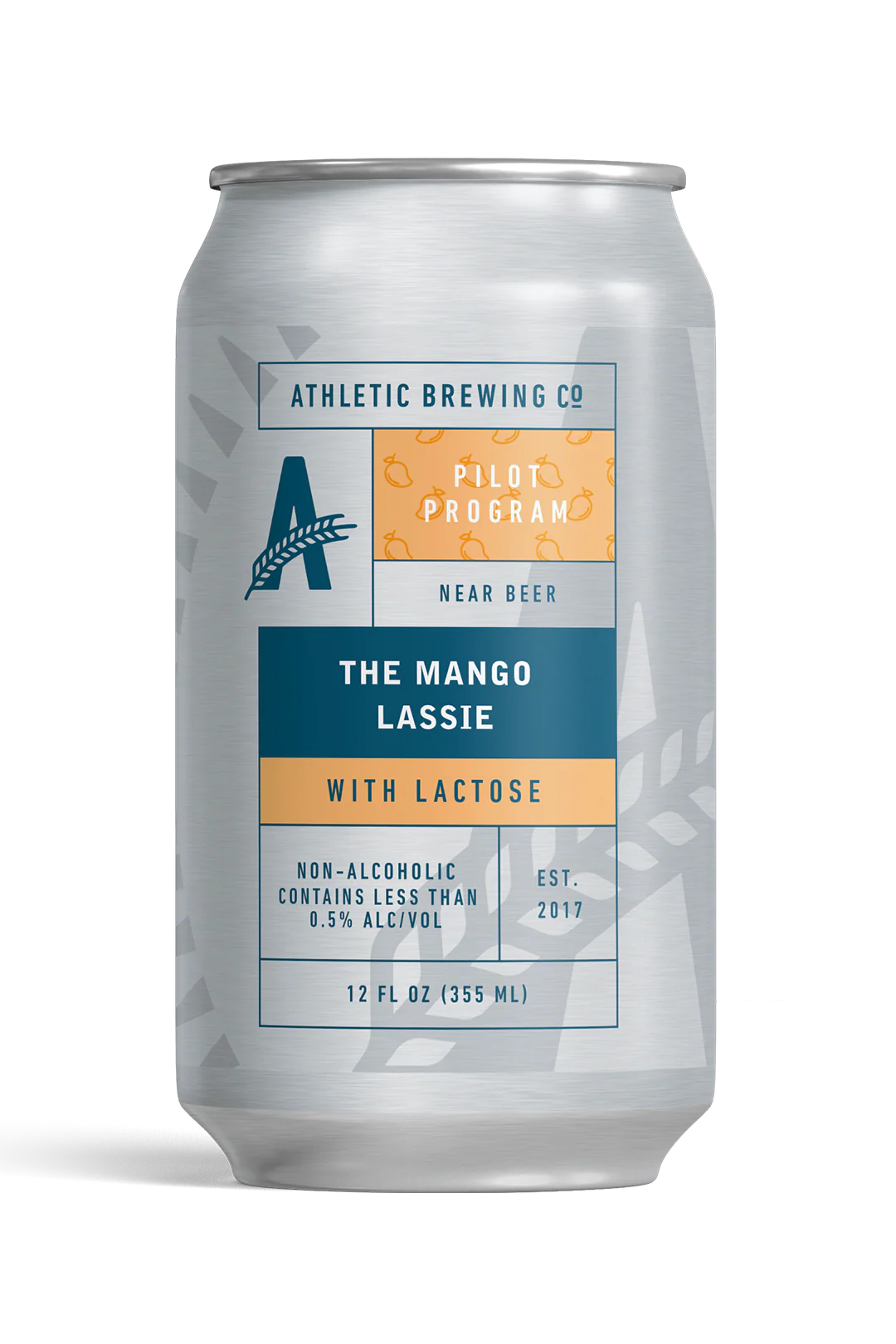 Athletic Brewing Mango Lassie non-alcoholic beer with tropical mango flavor and subtle cardamom and cinnamon spice notes against a plain background