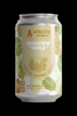 Athletic Brewing Moscow Mule non-alcoholic beer, featuring spicy ginger and tart lime, against a plain background.