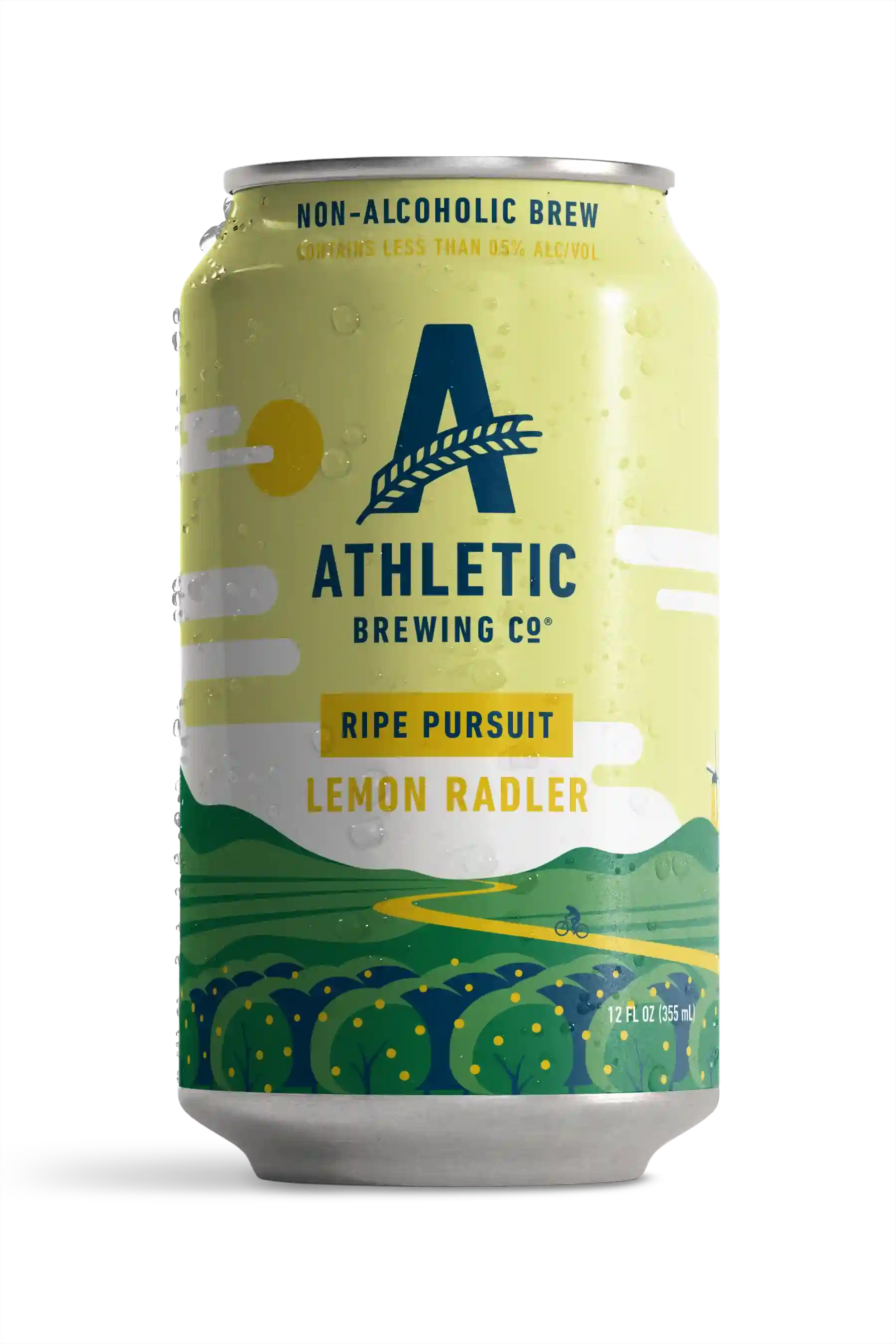 Refreshing Athletic Brewing Ripe Pursuit Lemon Radler alcohol-free beer with lemon infusion and smooth, slightly hazy appearance