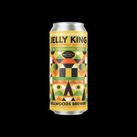 Bellwoods Brewery Jelly King Dry Hopped Sour non-alcoholic beer with tangerine, ginger, lemon zest, and turmeric in a minimalist setting