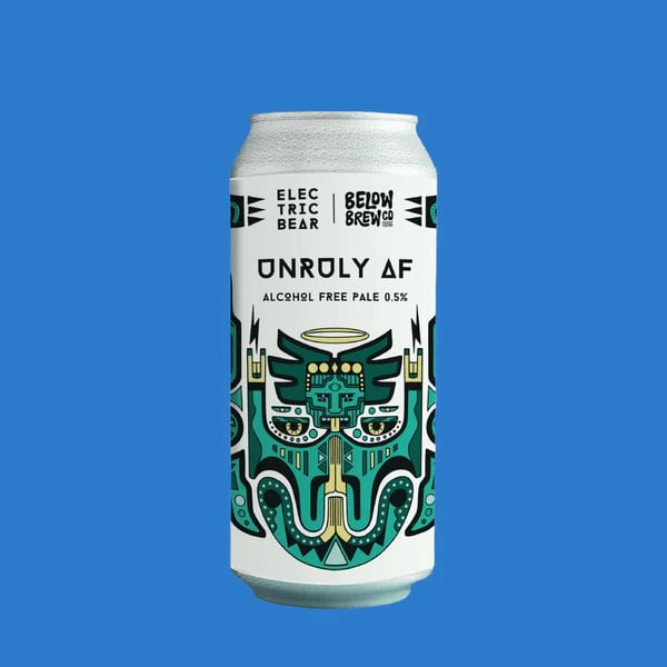 Unruly AF Electric Bear Edition alcohol-free pale ale featuring Citra, Mosaic, and Idaho 7 hops with vibrant citrus and tropical fruit notes