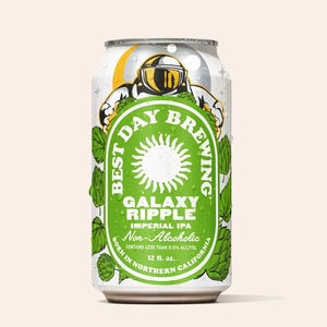 Galaxy Ripple IPA by Best Day Brewing features vibrant tropical and piney aromas delivering a clean, complex non-alcoholic beer experience.