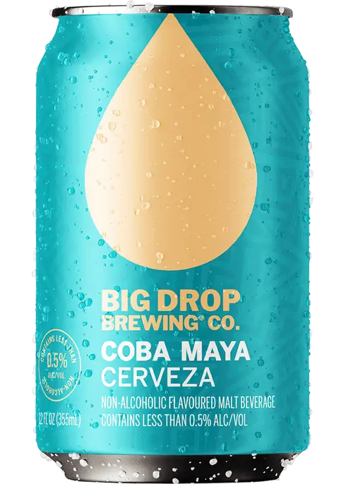 Coba Maya Cerveza, a refreshing alcohol-free beer with a bright straw color, highlighting its Mexi-style brewing heritage.