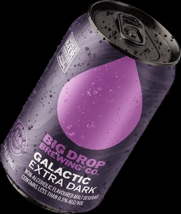 Big Drop Brewing Galactic Extra Dark non-alcoholic beer featuring dark roasted malt and rich chocolate flavors with a smooth finish