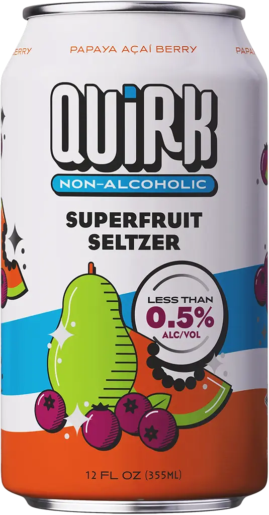 Quirk Non-Alcoholic Superfruit Seltzer, a vibrant beverage with yellow papaya and acai berry flavors.
