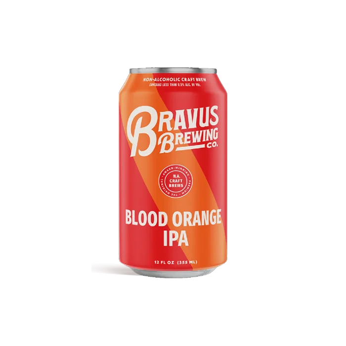 Bravus Brewing Blood Orange IPA non-alcoholic beer featuring bright blood orange citrus and hoppy floral aromas with a crisp finish on a plain background.