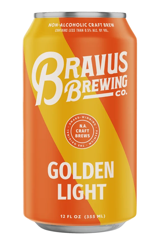 Bravus Brewing Golden Light non-alcoholic beer with medium biscuit malt flavor and clean finish against plain background