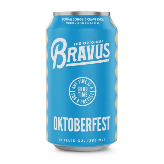 Bravus Brewing Oktoberfest non-alcoholic beer featuring a deep copper hue with malt-forward flavors of honey, caramel, and subtle spice
