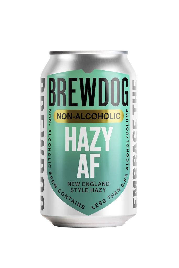 BrewDog Hazy AF Non-Alcoholic IPA featuring juicy tropical fruit notes and smooth, oat-driven texture with grassy undertones in a hazy style
