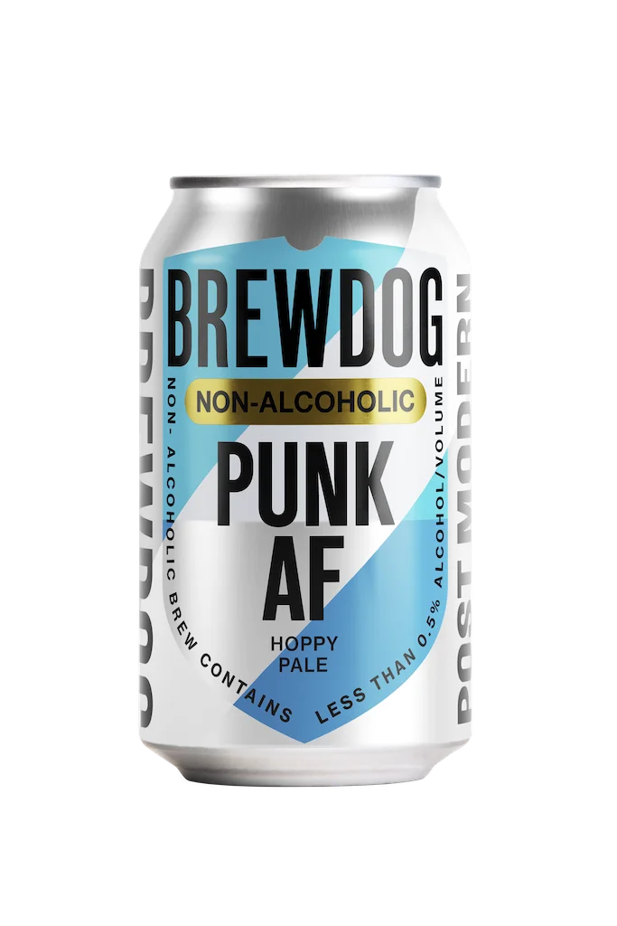 BrewDog Punk AF non-alcoholic beer featuring tropical fruit, grassy, and pine hop aromas on a malt base against plain background