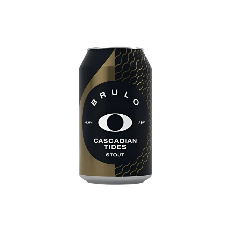 Brulo Cascadian Tides Stout non-alcoholic beer with rich dark appearance and smooth creamy texture against plain background