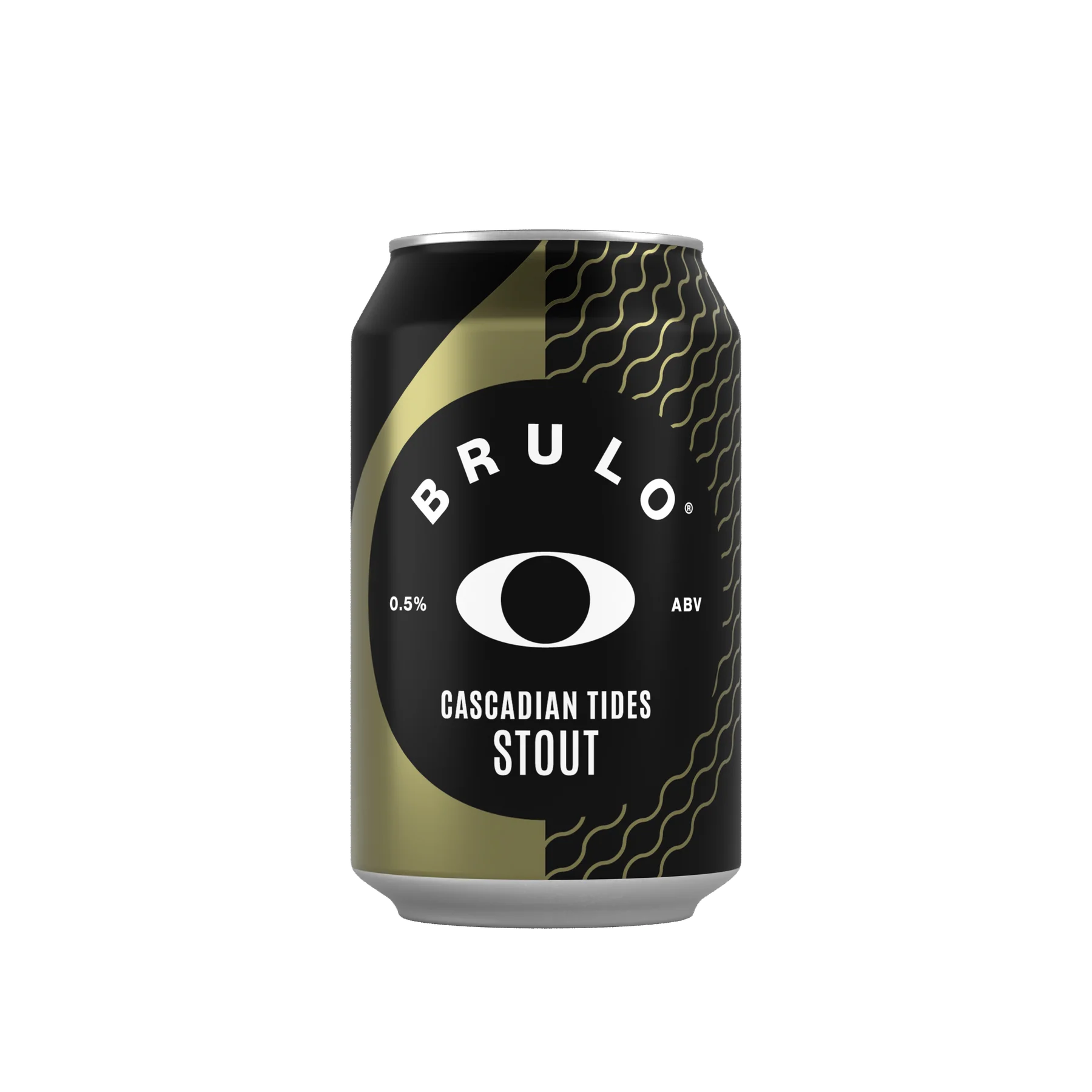 Brulo Cascadian Tides Stout non-alcoholic beer with rich dark color, creamy texture, and velvety finish on plain background