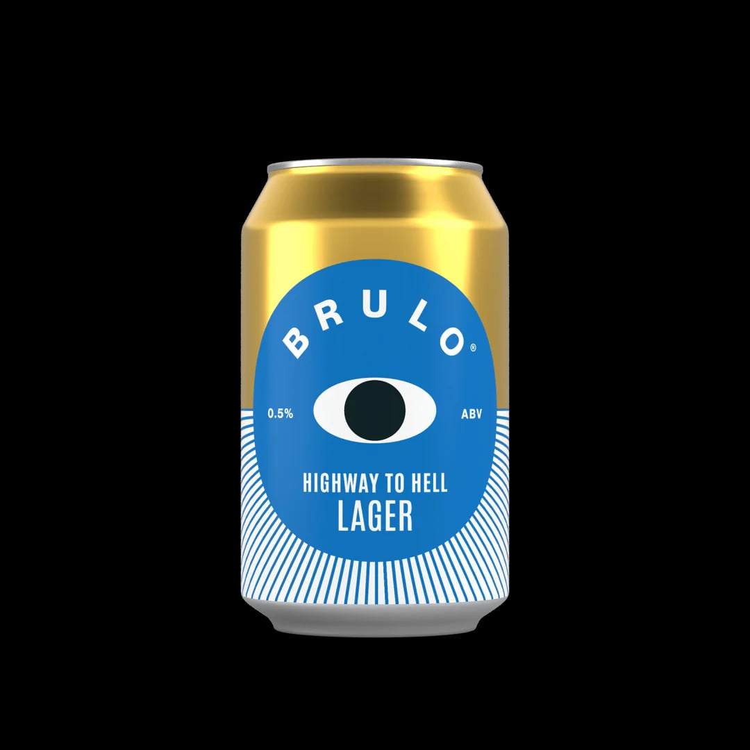 Brulo Highway To Hell Lager non-alcoholic beer with bright golden color and frothy white head, showcasing a modern minimalist design