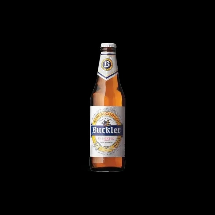 Buckler Non-Alcoholic Lager showcasing a smooth malt beverage crafted in the Netherlands with a clean amber color and grainy aroma
