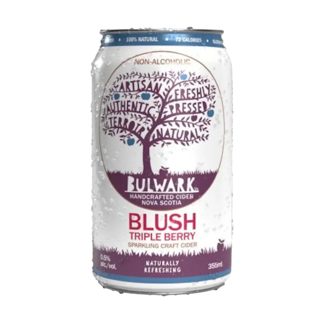 Bulwark Blush Triple Berry Non-Alcoholic Cider with crisp wild berry and apple flavors in a sparkling, gluten-free, vegan beverage