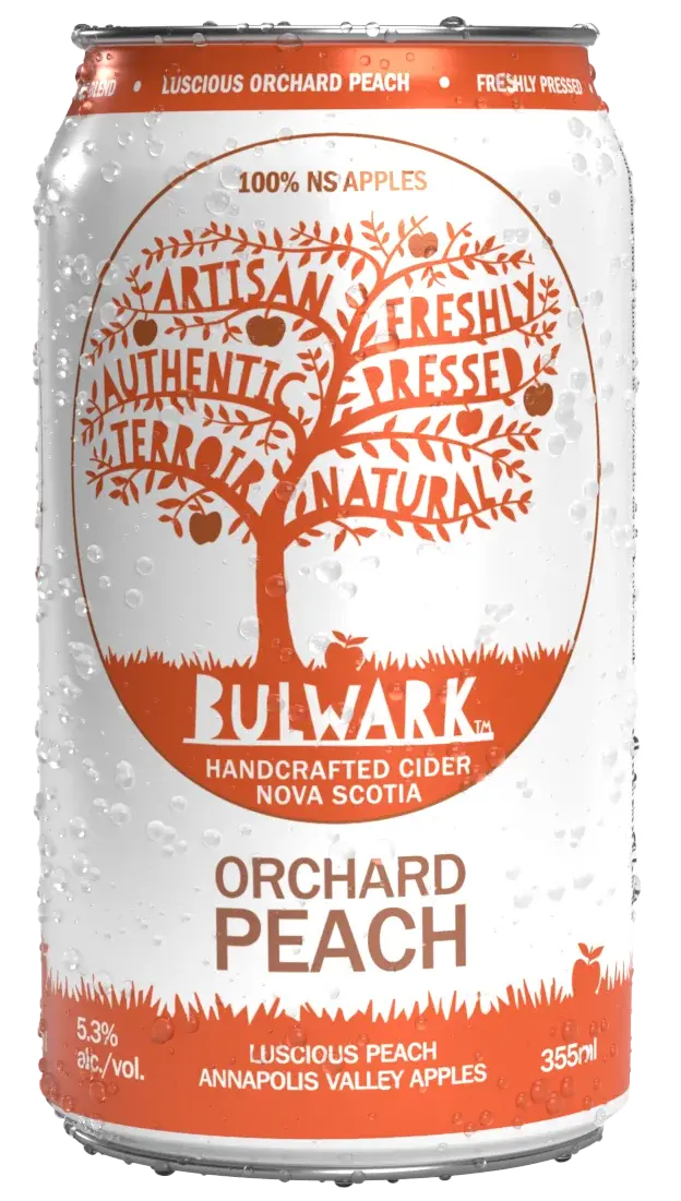 Bulwark Orchard Peach non-alcoholic cider featuring a delicate blend of five apples and ripe peach flavors with natural carbonation