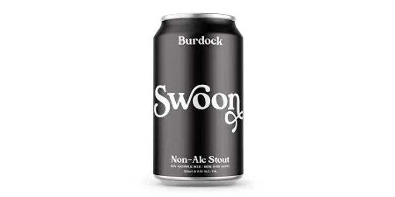 Burdock Brewery Swoon non-alcoholic beer featuring a rich stout crafted with oats and roasted barley offering chocolate and coffee notes