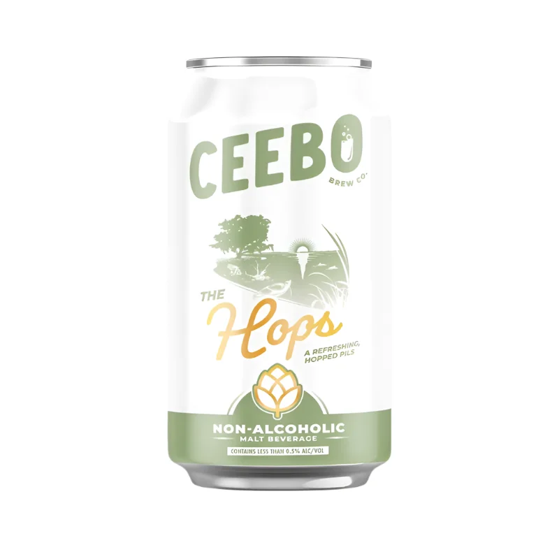 Ceebo The Hops non-alcoholic beer featuring a hop-forward pilsner style with floral and citrus aromas in a refreshing, medium-bodied brew