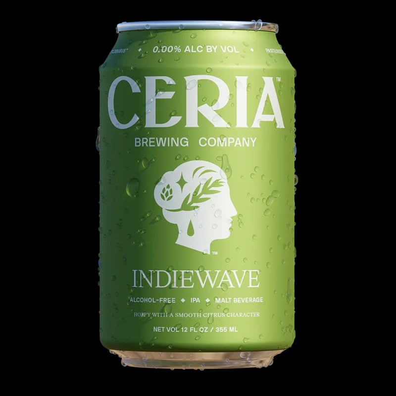 Indiewave Hoppy IPA non-alcoholic beer by Ceria Brewing with a crisp, citrus-forward and balanced flavor profile offering refreshing zero alcohol enjoyment