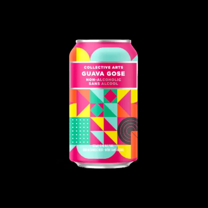Collective Arts Brewing Non-Alcoholic Guava Gose featuring tropical guava sour wheat beer with Himalayan pink sea salt and coriander flavors