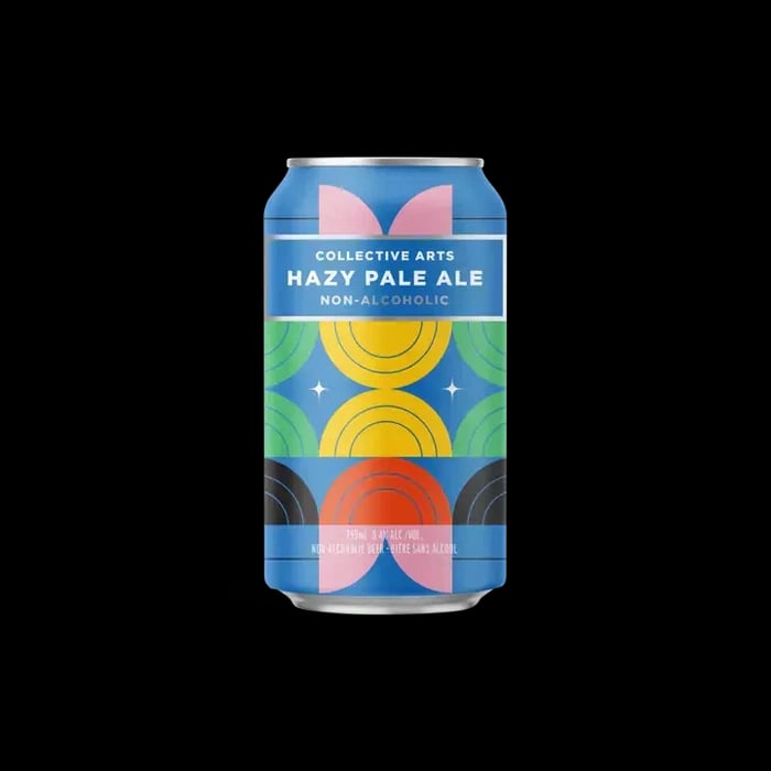 Collective Arts Brewing Hazy Pale Ale non-alcoholic beer with hazy appearance and vibrant citrus tropical fruit hop aromas showcased against plain background