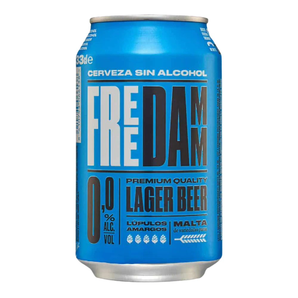 Free Damm non-alcoholic lager beer featuring a clear amber color with golden highlights and a light head, brewed in Barcelona, Spain