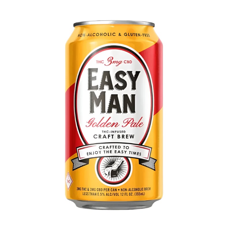 Easy Man Golden Pale non-alcoholic beer with hemp infusion, featuring a golden hue and crafted for a smooth, mellow pale ale experience.