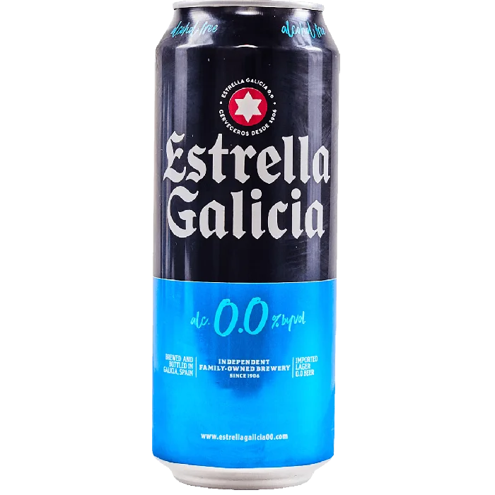 Image of Estrella Galicia 0.0 non-alcoholic beer showcasing its bright golden color and premium labeling against a plain background