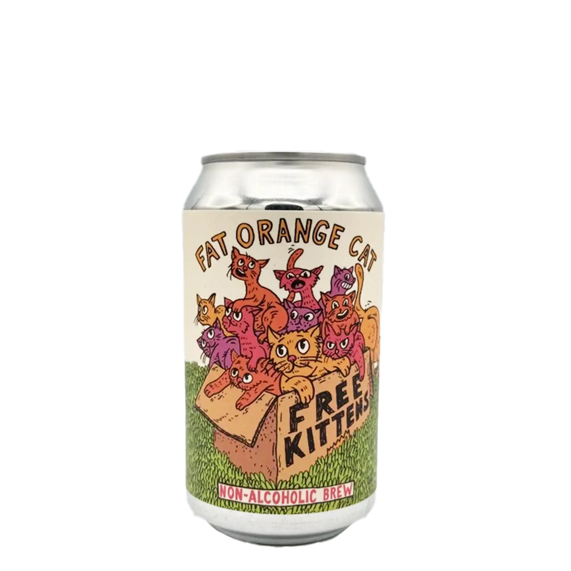 Free Kittens non-alcoholic beer by Fat Orange Cat, a pilsner-style brew with a crisp and creamy profile featuring citrus and orange zest flavors.