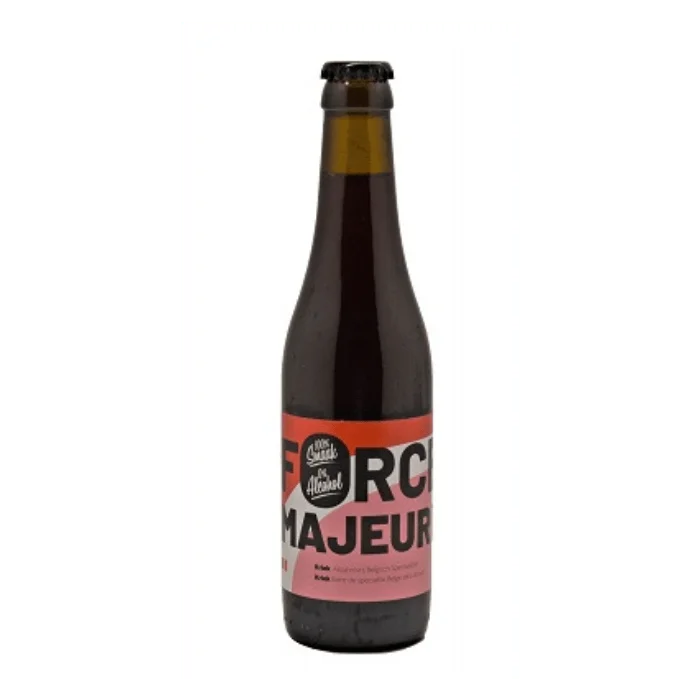 Force Majeure Kriek non-alcoholic wheat beer with vibrant cherry taste and smooth, lightly tart finish against plain background