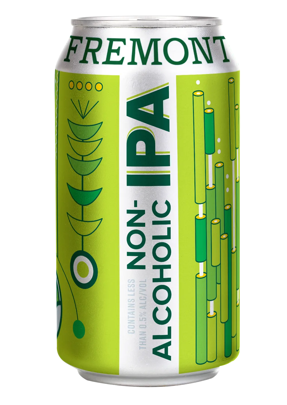 Fremont Non-Alcoholic IPA beer, showcasing a luminous dark yellow color and vibrant hop aromas.
