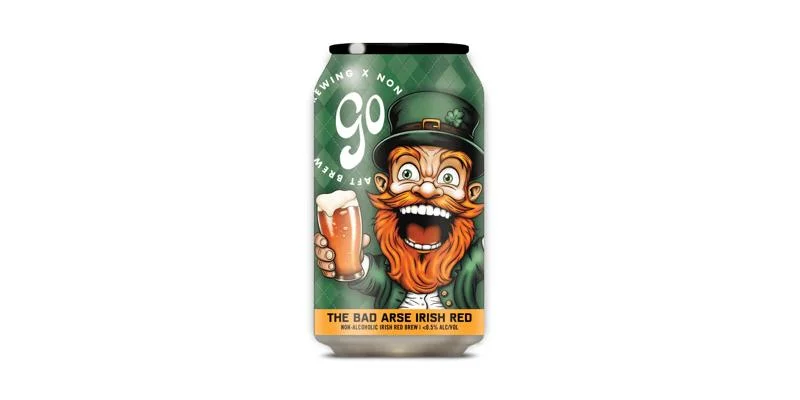 Go Brewing Bad Arse Irish Red alcohol-free beer with rich ruby color and balanced caramel and earthy flavor profile on plain background
