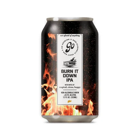 Burn It Down IPA by Go Brewing showcasing its bold hop character and caramel malt richness in a non-alcoholic beer