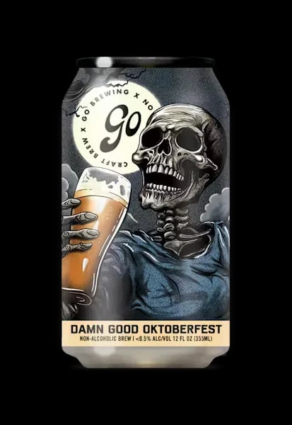 Damn Good Oktoberfest by Go Brewing showcasing deep amber hues, malt sweetness, and a smooth alcohol-free beer experience