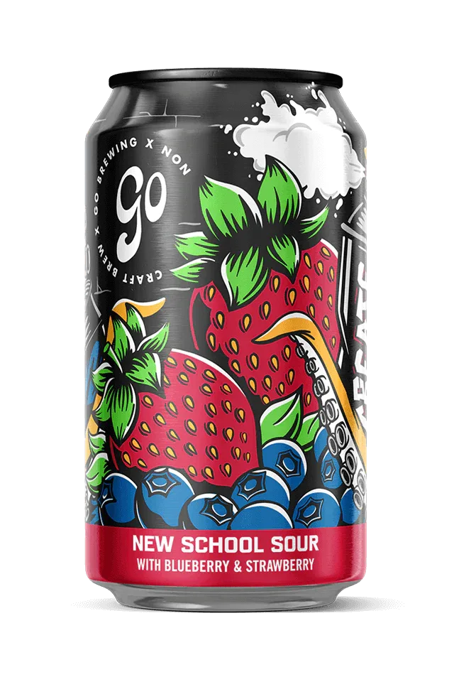 New School Sour Berry non-alcoholic beer by Go Brewing features vibrant blueberry and strawberry flavors with a crisp, tangy finish, low alcohol content.