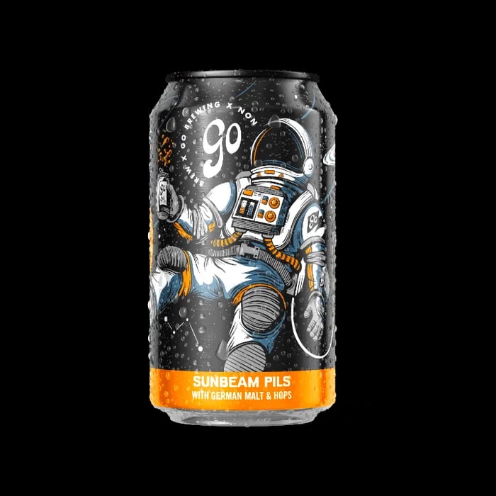 Go Brewing Sunbeam Pilsner non-alcoholic beer with fresh, light, and floral profile featuring distinctive black celestial-themed packaging
