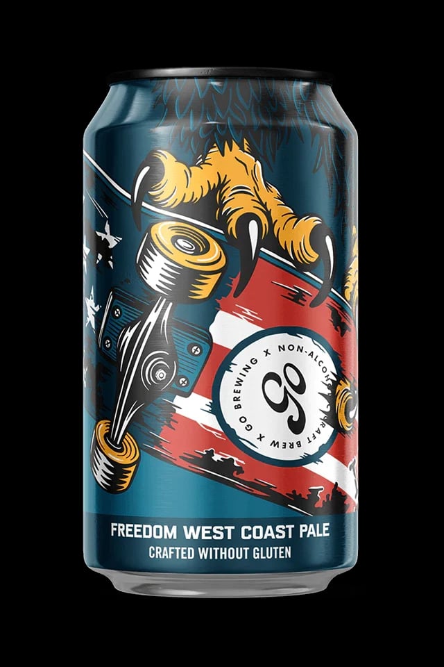 Freedom West Coast Pale non-alcoholic beer featuring citrus, caramel, and floral hop notes crafted without gluten, low calorie, and alcohol-free