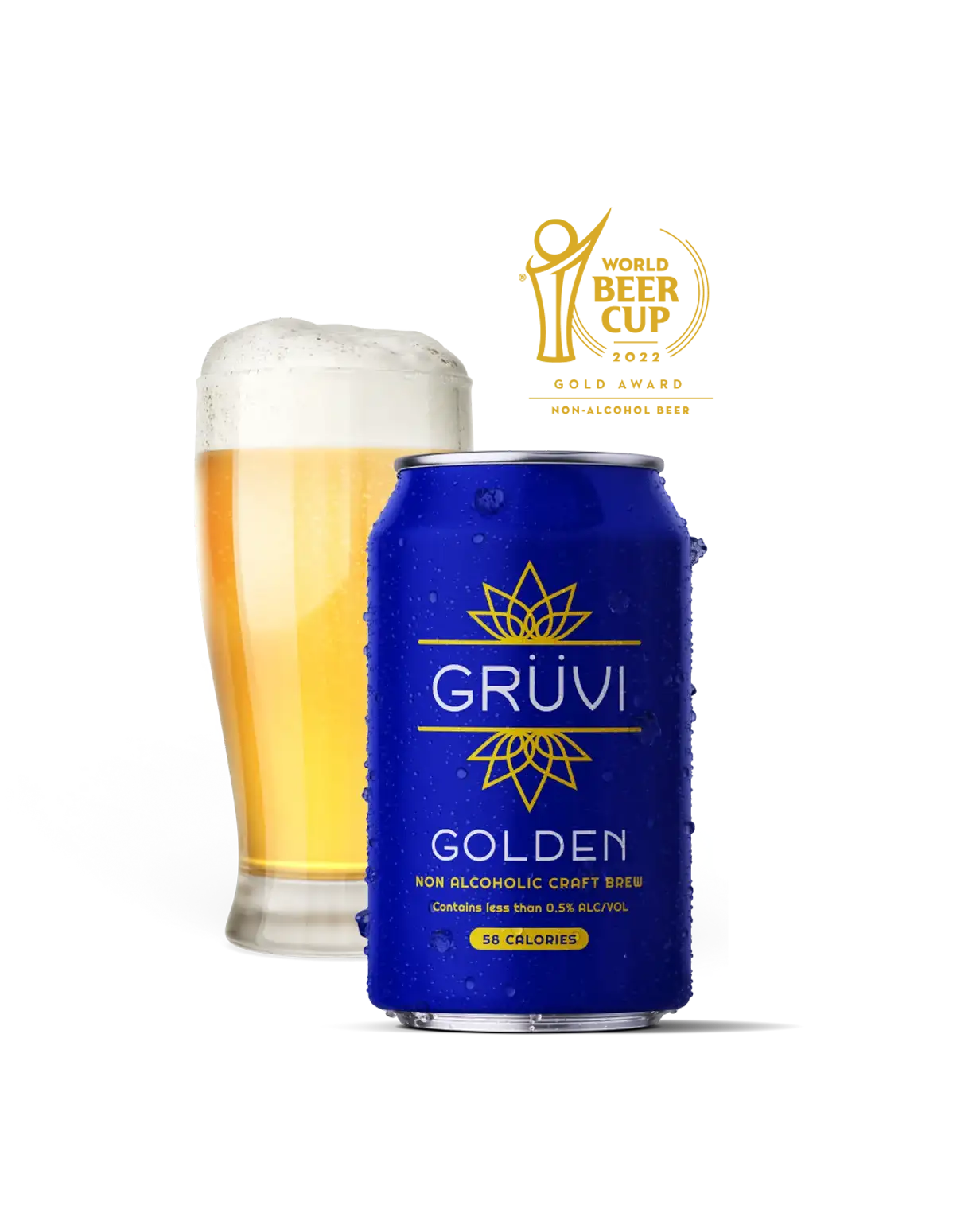Gruvi Golden Lager non-alcoholic beer with crisp, balanced taste and gluten-reduced profile against plain background