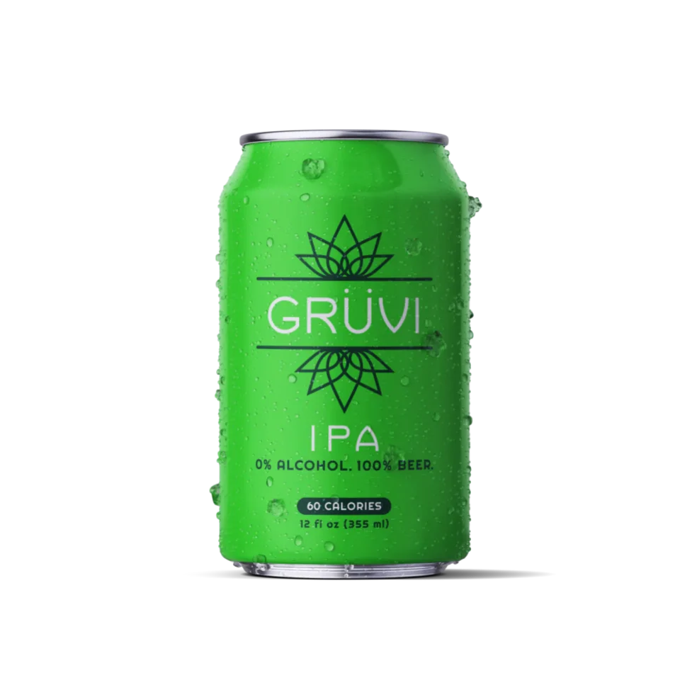 Gruvi Non-Alcoholic Juicy IPA Beer against a plain background, highlighting its vibrant packaging.