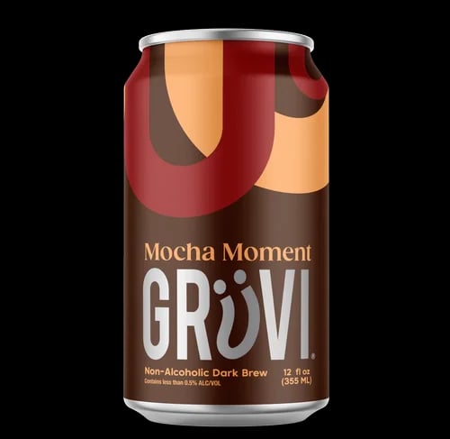 Image of Gruvi Mocha Moment non-alcoholic beer featuring a rich mocha stout with creamy, nitrogen-infused texture and deep coffee-chocolate flavors.