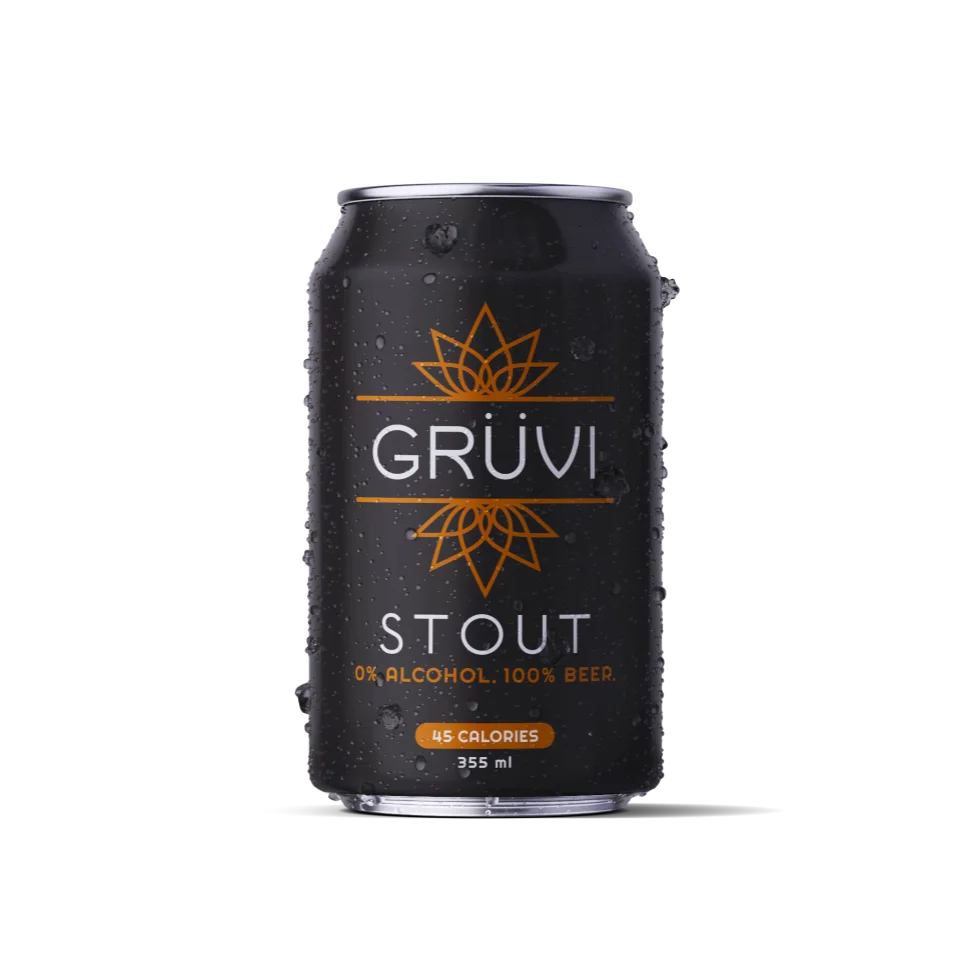 Gruvi Non-Alcoholic Stout showcasing deep roasted barley and chocolate malt notes in a smooth, dry, full-bodied alcohol-free beer