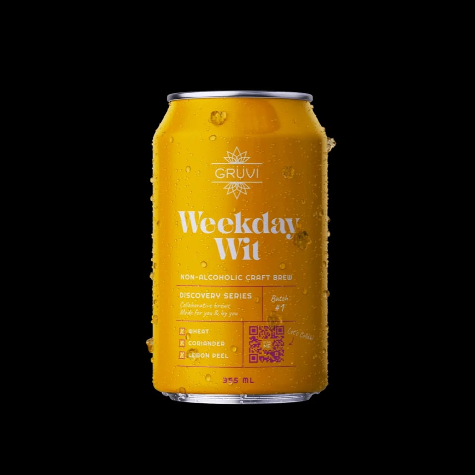 Gruvi Weekday Wit: A vibrant non-alcoholic Belgian-style wheat beer with a creamy texture and flavors of lemon peel, cardamom, and coriander.