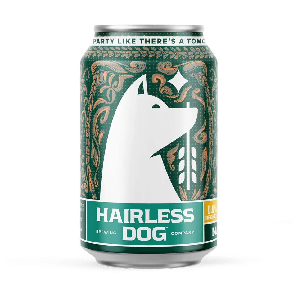 Hairless Dog Brewing Black Ale non-alcoholic beer featuring a smooth roasted malt character with balanced bitterness and zero alcohol content